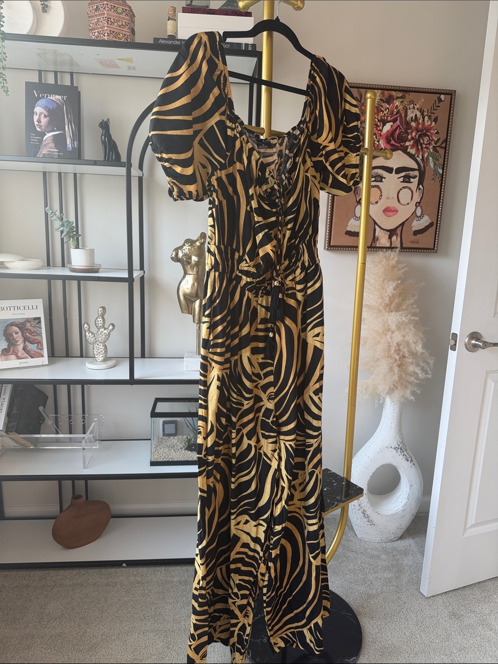 HALARA Black and Gold Zebra-Print Maxi Dress